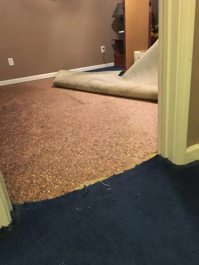 Carpet pad removal revealing water damage during Water Mitigation Services in Davenport